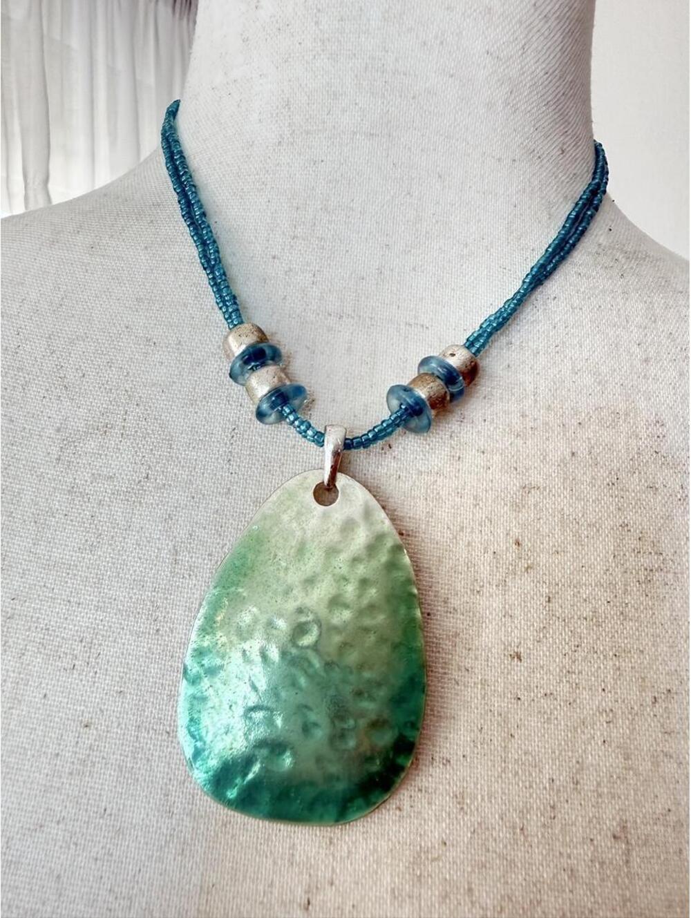 Teal Resin Coated Metal Pendant Necklace Triple Strand Boho Jewelry